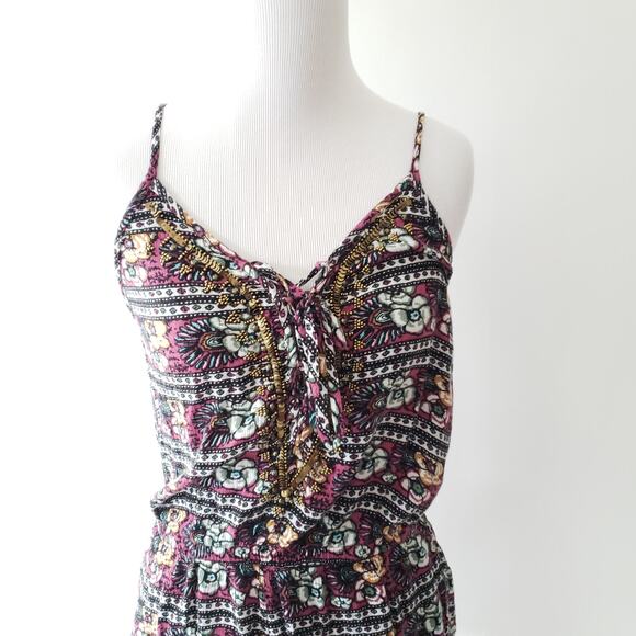 American Eagle Romper Beaded Purple Floral Viscose Cut Out Back Medium - Picture 3 of 9